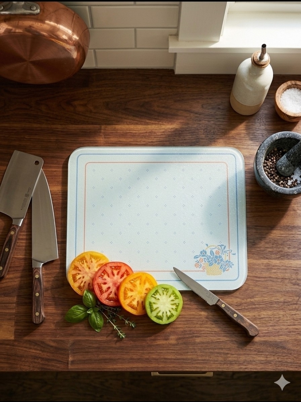 Vintage Glass Cutting Board Country Flower Motif | Retro Kitchen Decor